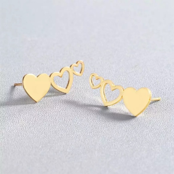 Gold Three Heart Stud Earrings - Picture 3 of 3